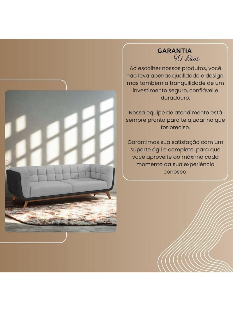 Sofá 3 Lugares 240cm Com Pés Em Madeira Linha Premium Compose Linho Cinza E Corino Preto Sala Luxo