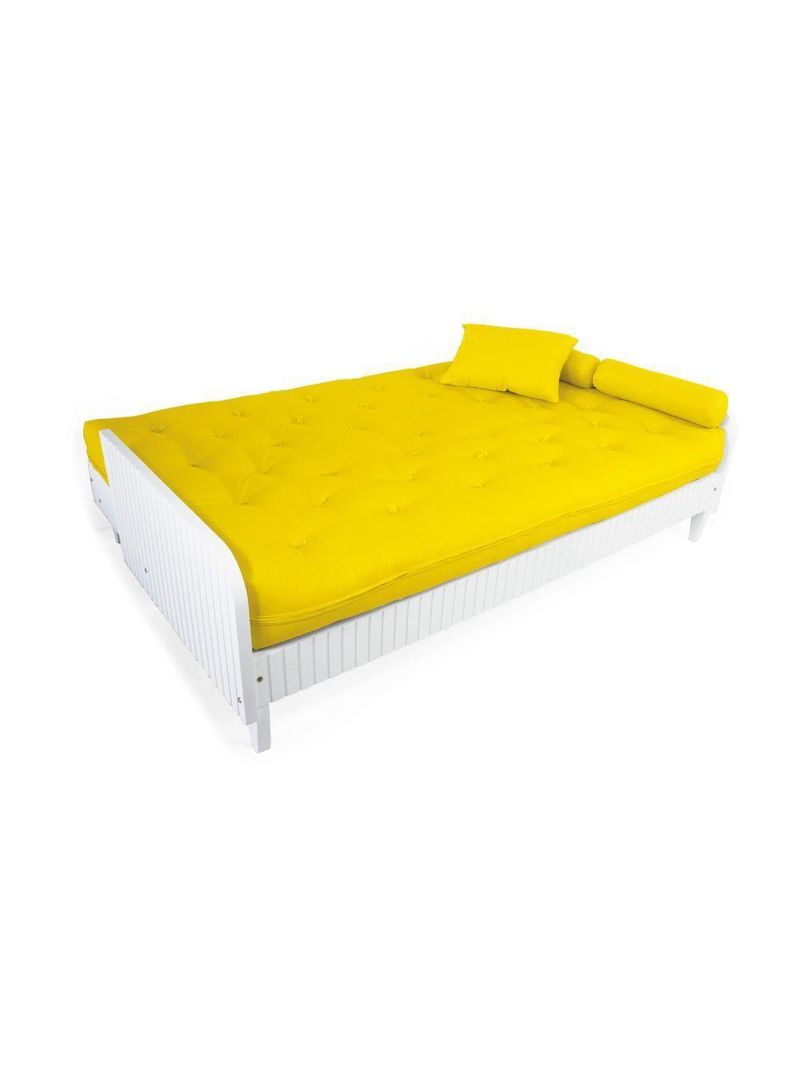 Sofá Cama Paris Ripado Branco Sarja Amarelo Madeira Nobre