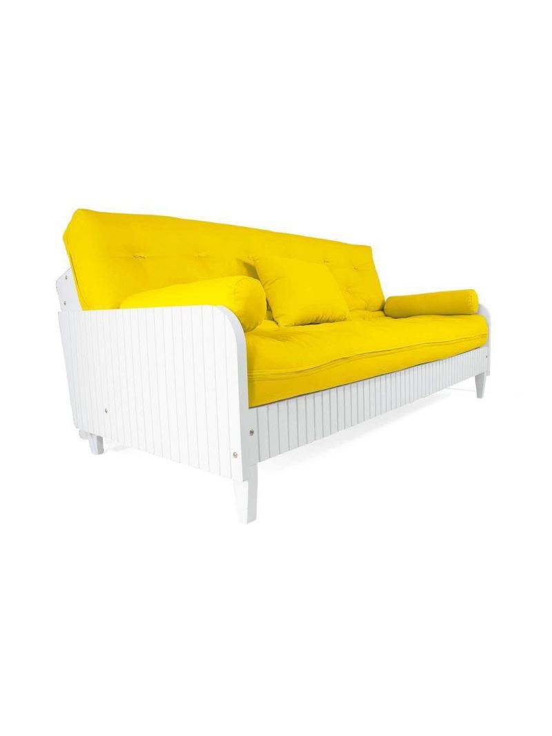 Sofá Cama Paris Ripado Branco Sarja Amarelo Madeira Nobre