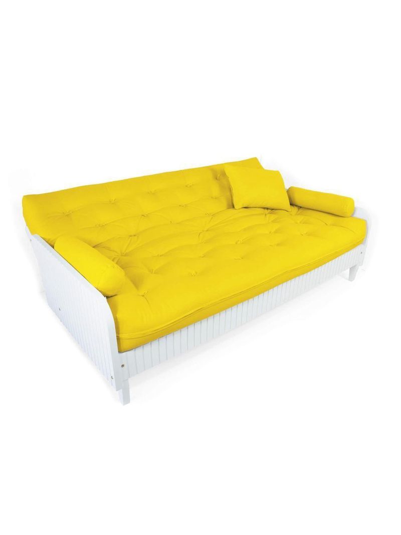 Sofá Cama Paris Ripado Branco Sarja Amarelo Madeira Nobre
