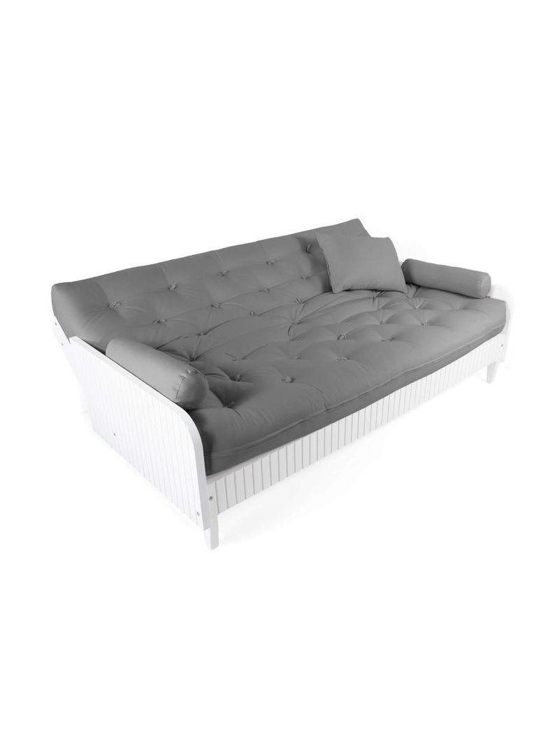 Sofá Cama Paris Ripado Branco Sarja Cinza Madeira Nobre