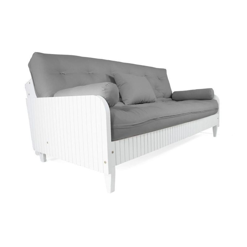 Sofá Cama Paris Ripado Branco Sarja Cinza Madeira Nobre