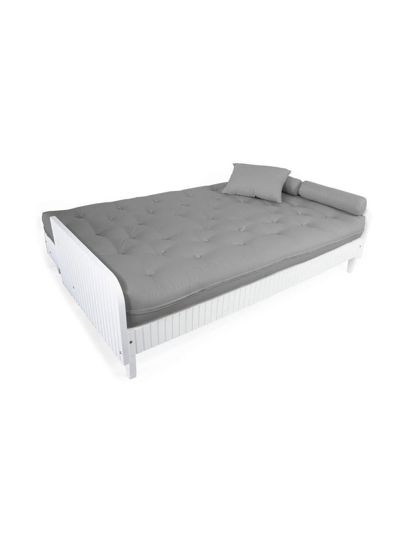 Sofá Cama Paris Ripado Branco Sarja Cinza Madeira Nobre