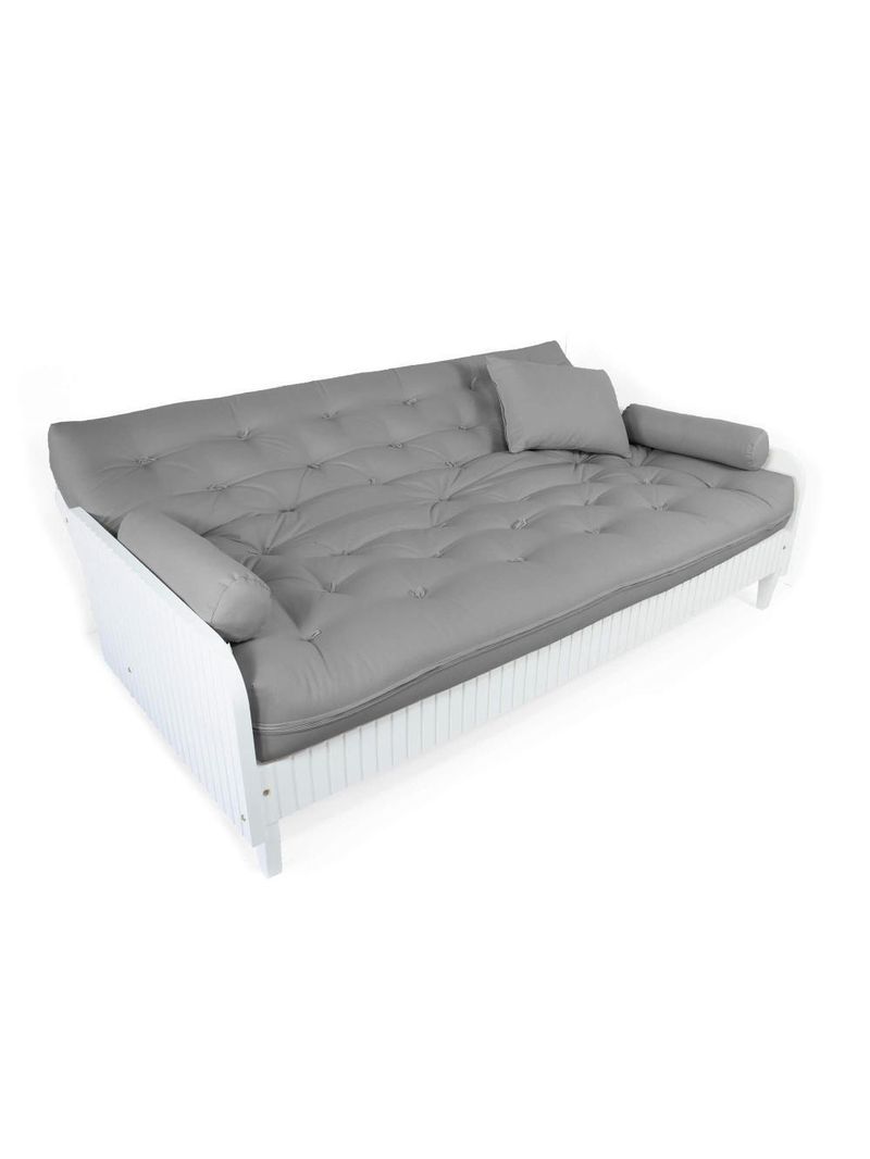 Sofá Cama Paris Ripado Branco Sarja Cinza Madeira Nobre