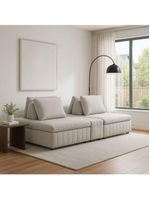 Sofá Ilha Modulado 230cm Divan Boucle Suave Bege Claro Com Pés Em Madeira Linha Premium