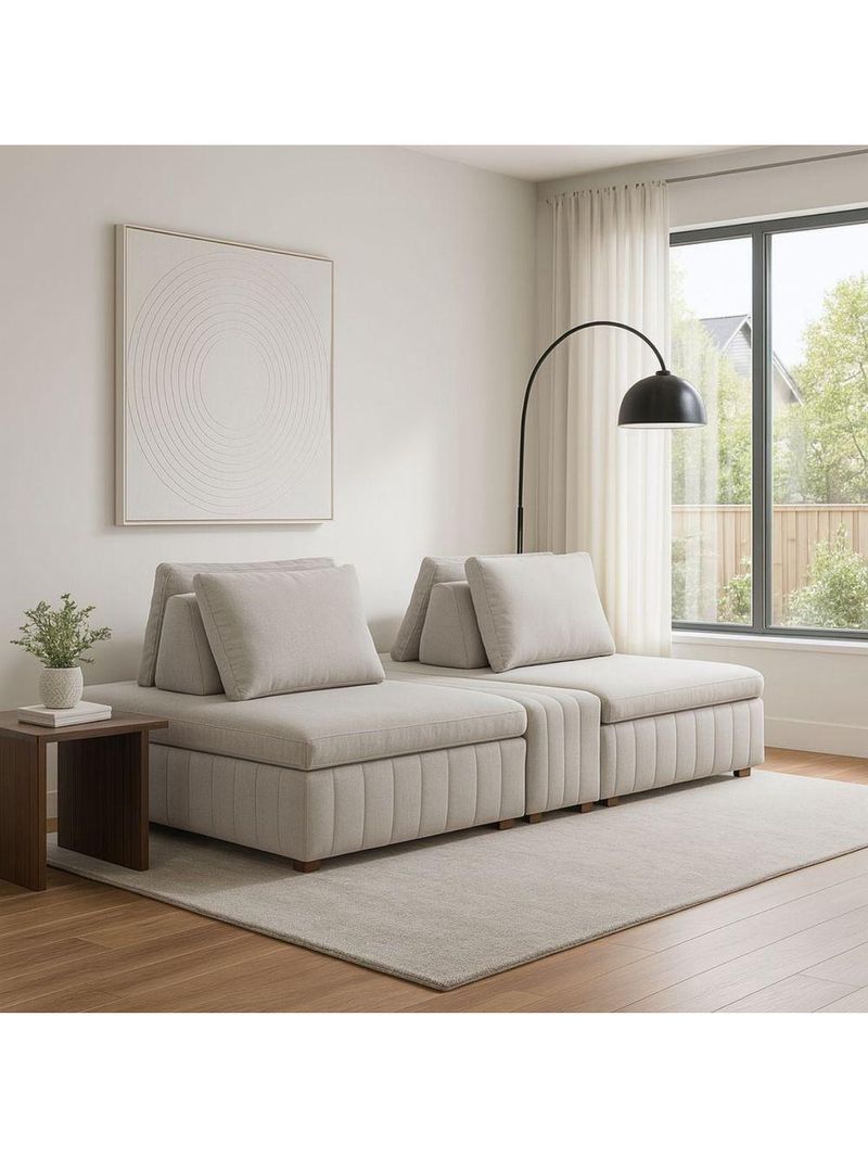 Sofá Ilha Modulado 230cm Divan Boucle Suave Bege Claro Com Pés Em Madeira Linha Premium