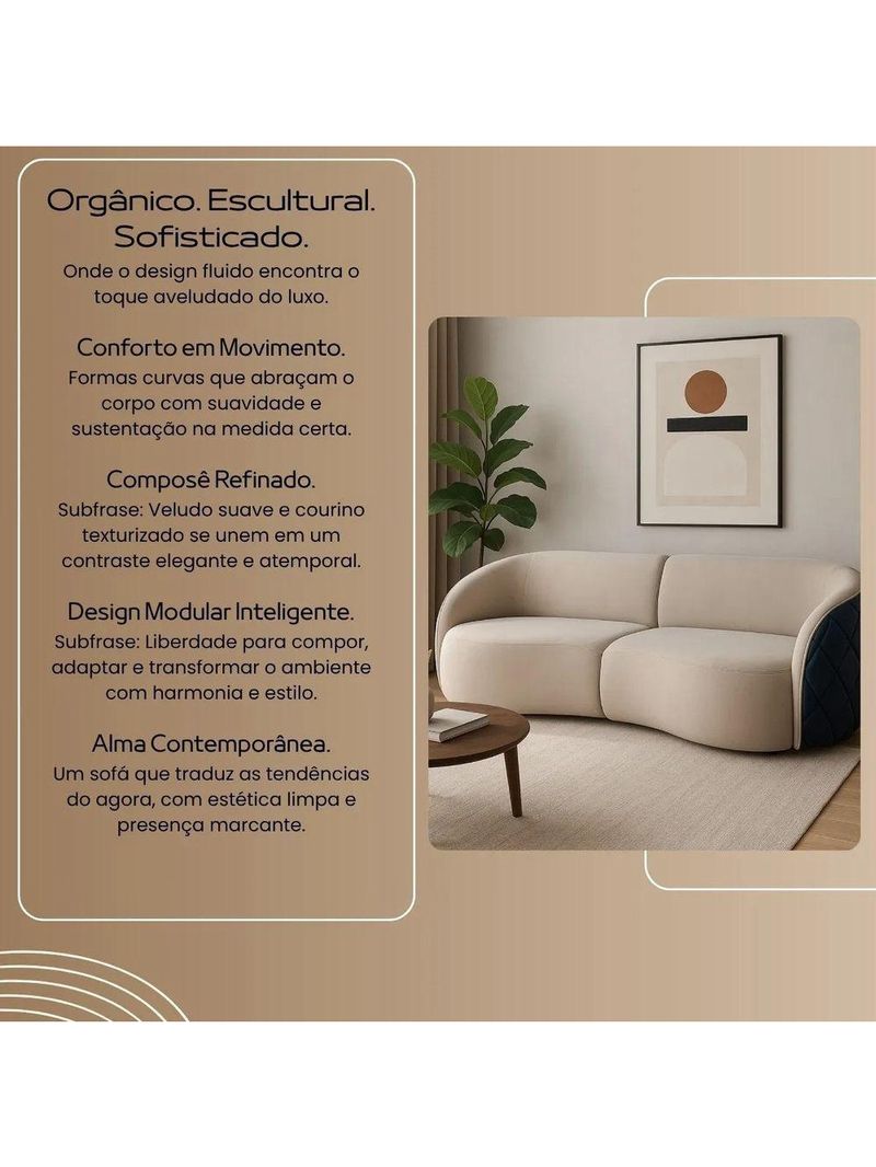 Sofá Organico Modulado Bipartido Curvo 288cm 3 Lugares Viena Linha Premium Veludo E Courino