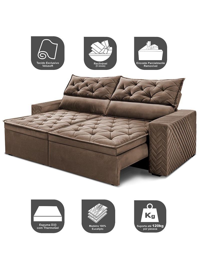 Sofá Retrátil E Reclinável 2,00m Essence Velusoft Castor Cama Inbox