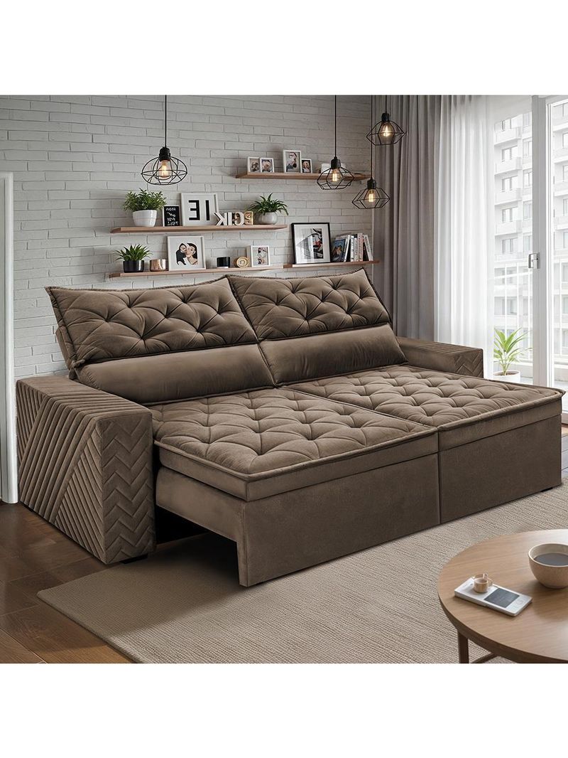 Sofá Retrátil E Reclinável 2,00m Essence Velusoft Castor Cama Inbox