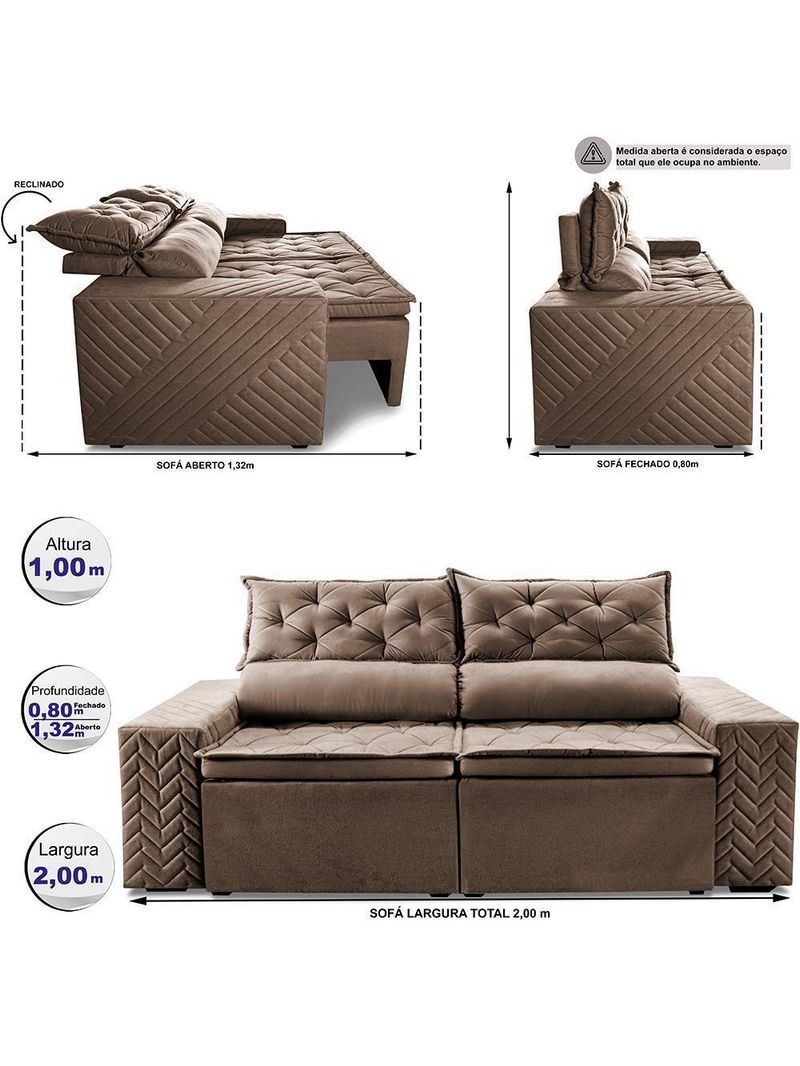 Sofá Retrátil E Reclinável 2,00m Essence Velusoft Castor Cama Inbox