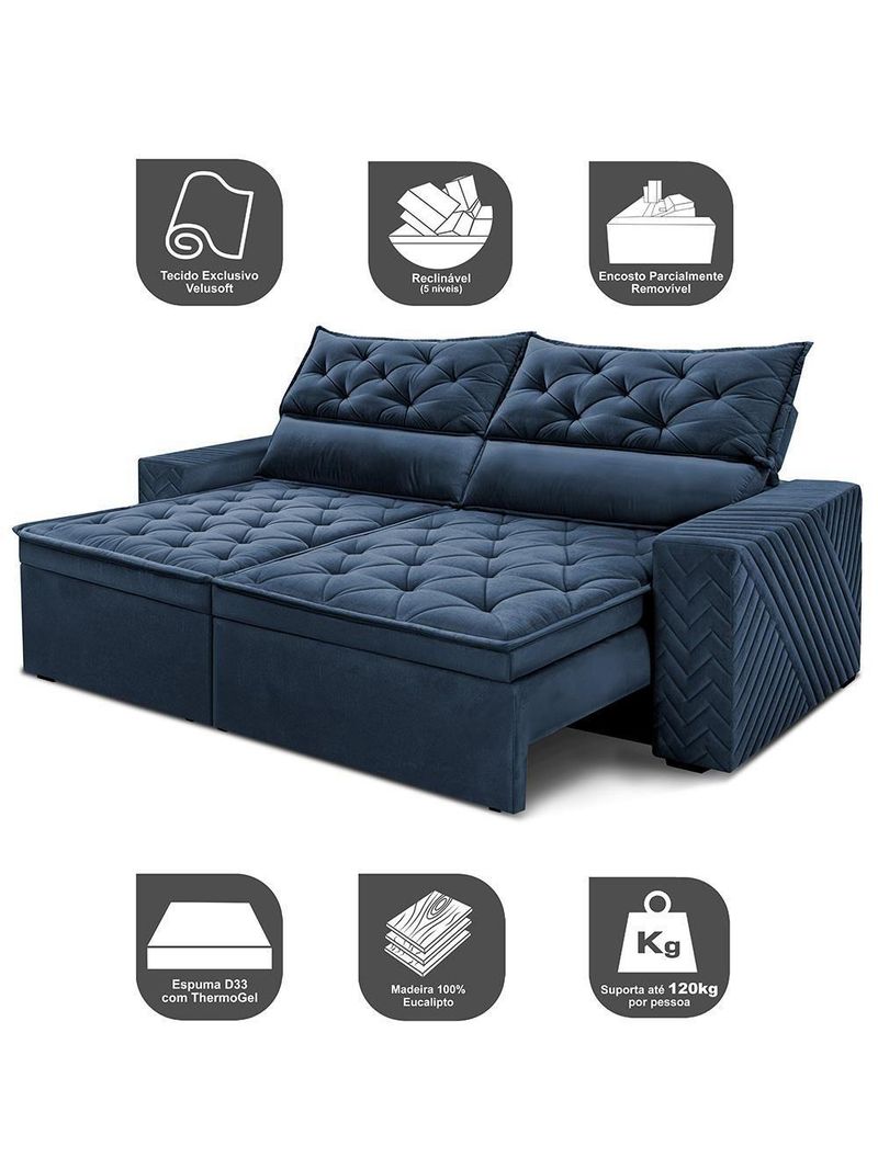 Sofá Retrátil E Reclinável 2,30m Essence Velusoft Azul Cama Inbox