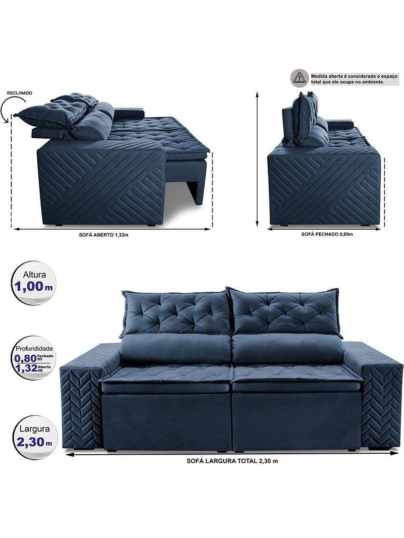 Sofá Retrátil E Reclinável 2,30m Essence Velusoft Azul Cama Inbox