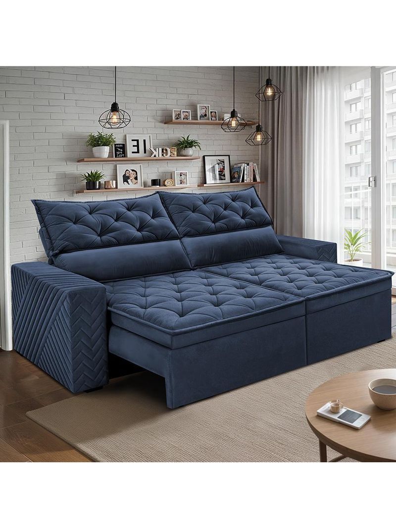 Sofá Retrátil E Reclinável 2,30m Essence Velusoft Azul Cama Inbox