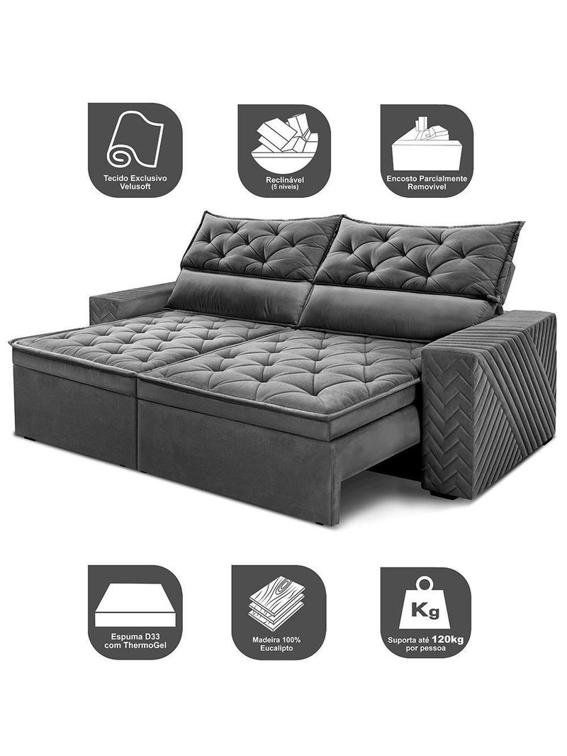 Sofá Retrátil E Reclinável 2,00m Essence Velusoft Cinza Cama Inbox