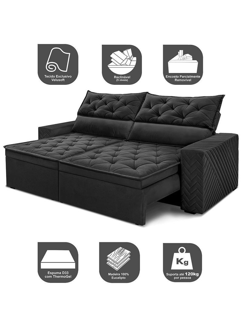 Sofá Retrátil E Reclinável 2,00m Essence Velusoft Preto Cama Inbox