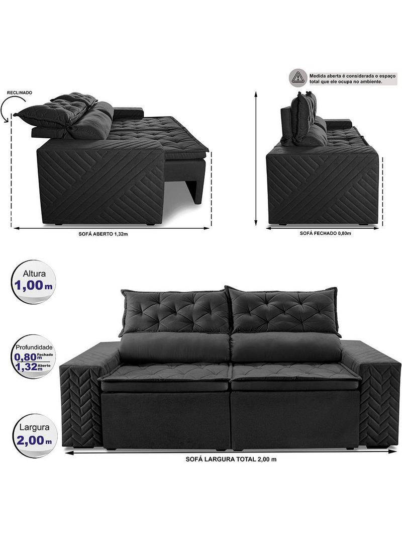 Sofá Retrátil E Reclinável 2,00m Essence Velusoft Preto Cama Inbox