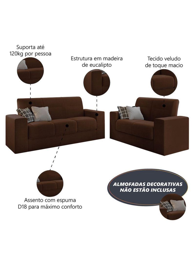 Conjunto De Sofá 2 E 3 Lugares Leon Veludo Mamflex Marrom