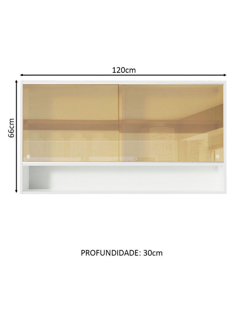 Armário de cozinha aéreo 2 portas de correr de vidro reflex e 1 nicho branco glamy madesa
