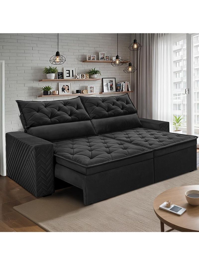 Sofá Retrátil E Reclinável 2,30m Essence Velusoft Preto Cama Inbox