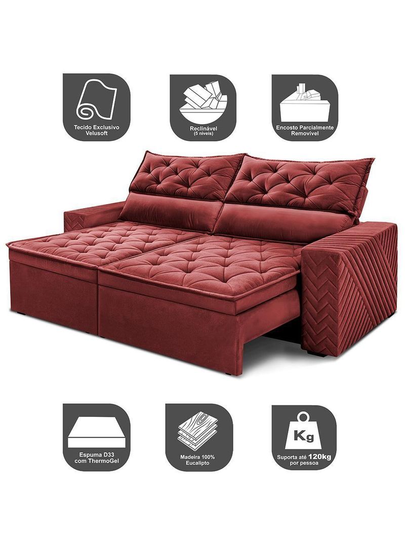 Sofá Retrátil E Reclinável 2,30m Essence Velusoft Vermelho Cama Inbox