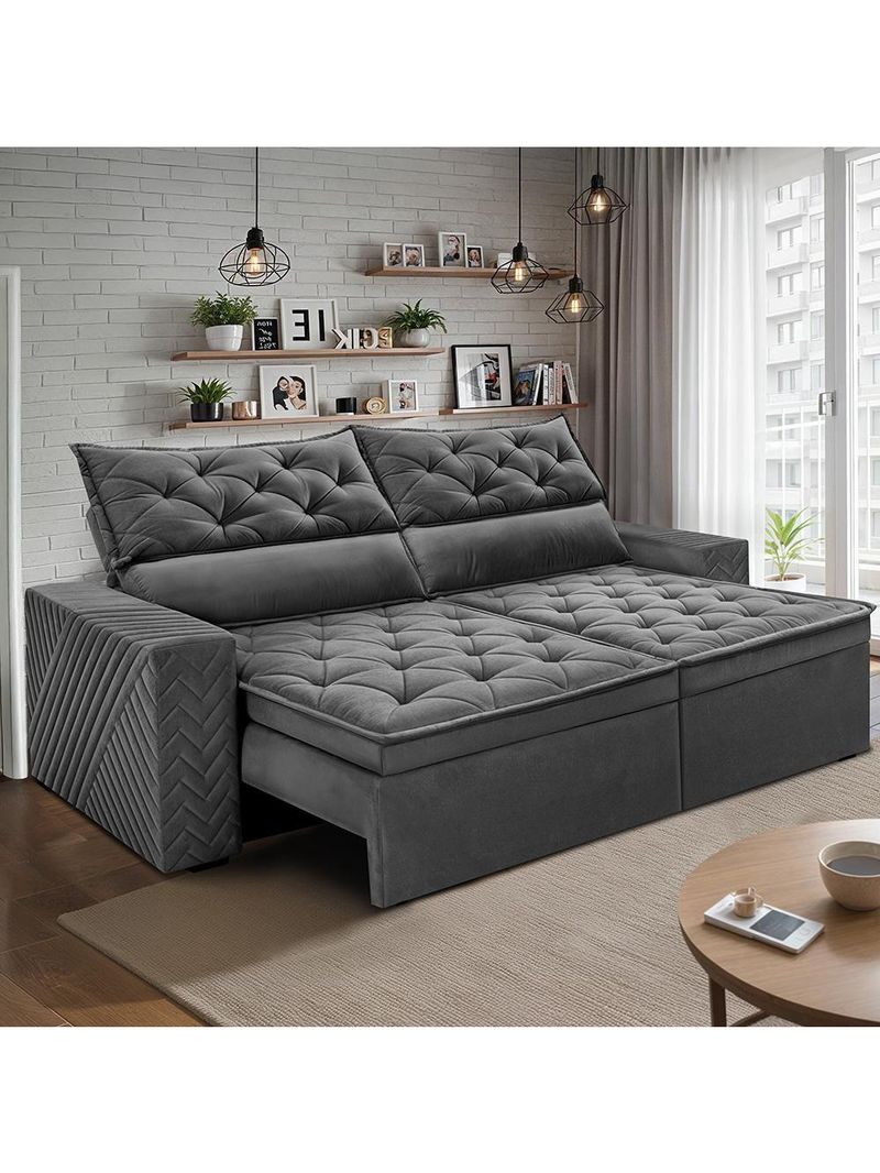 Sofá Retrátil E Reclinável 2,30m Essence Velusoft Cinza Cama Inbox