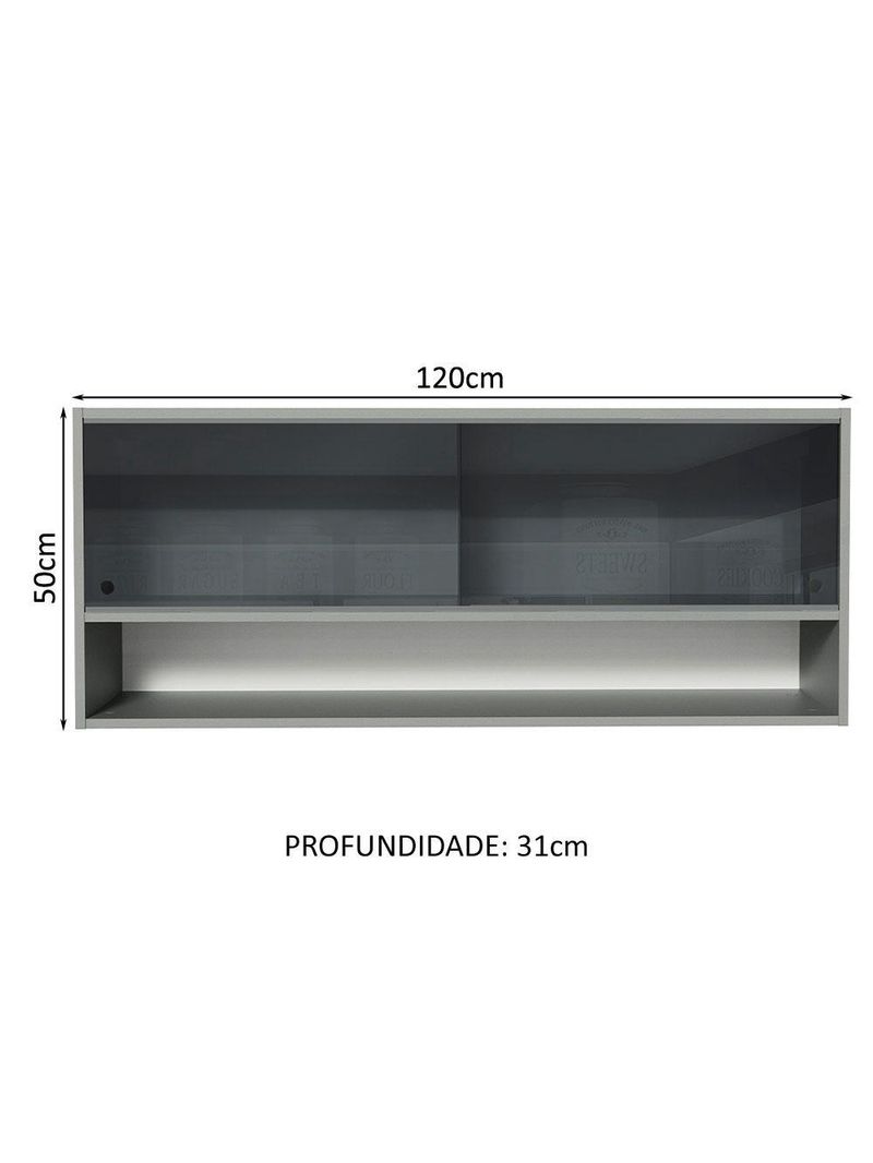 Armário de cozinha aéreo 2 portas de correr de vidro neutral e 1 nicho cinza nice madesa