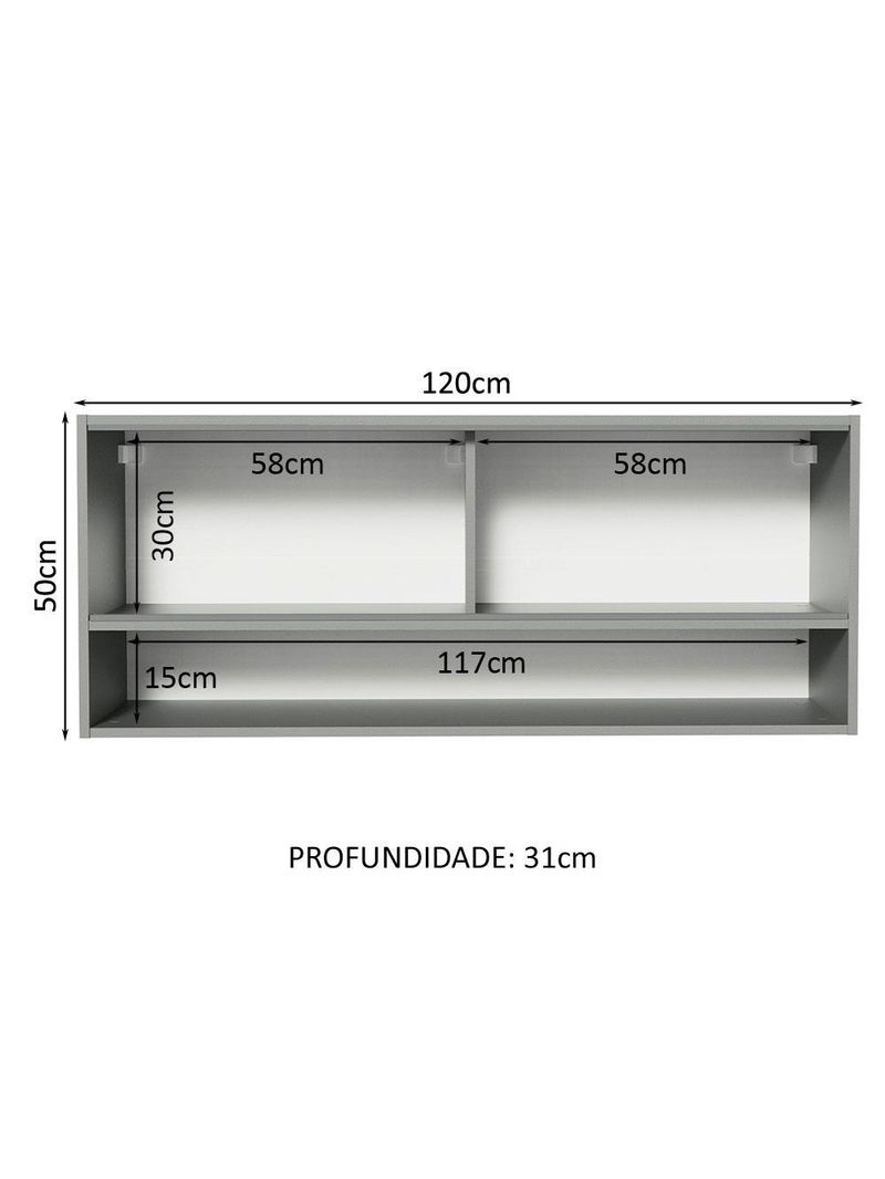 Armário de cozinha aéreo 2 portas de correr de vidro neutral e 1 nicho cinza nice madesa