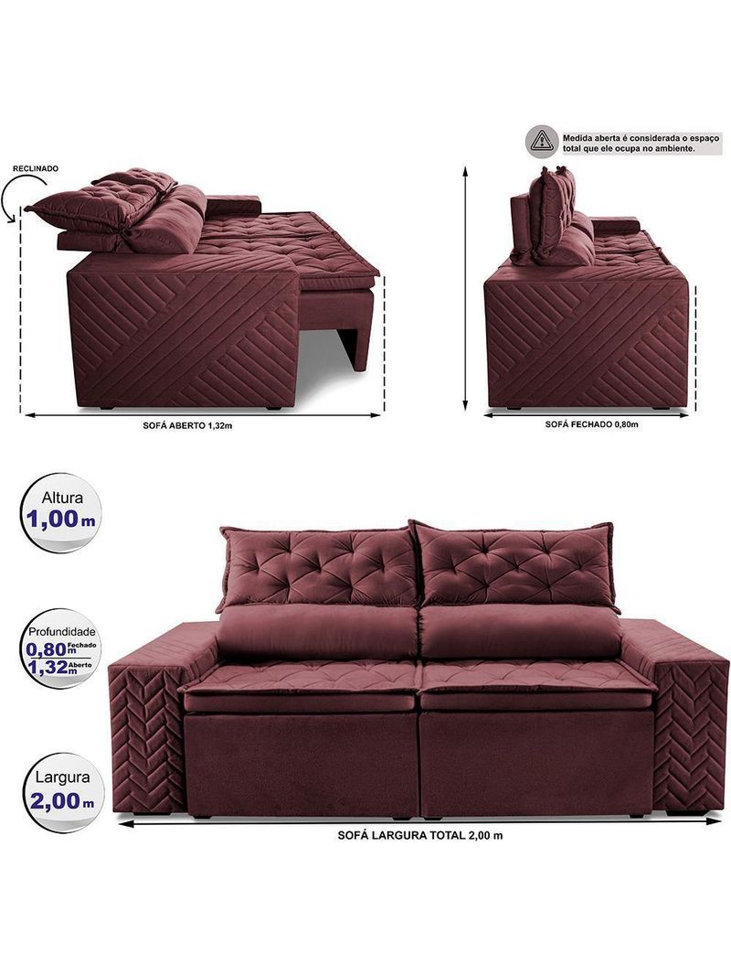 Sofá Retrátil E Reclinável 2,00m Essence Velusoft Vinho Cama Inbox