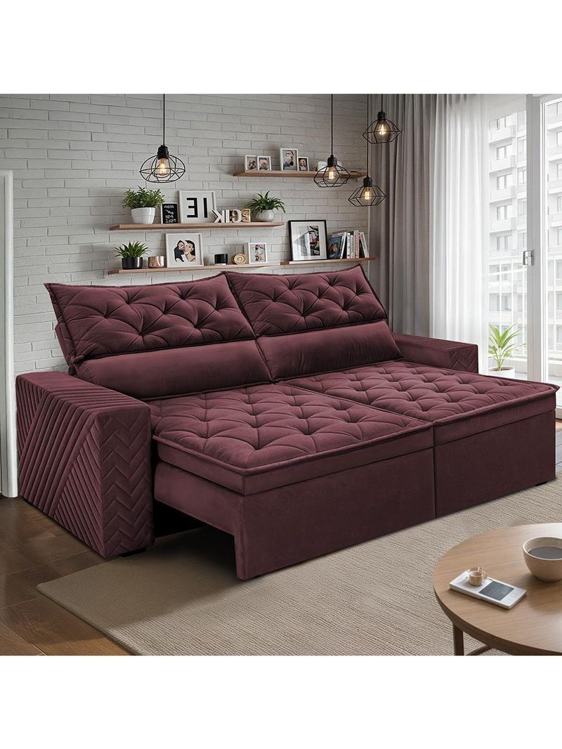 Sofá Retrátil E Reclinável 2,00m Essence Velusoft Vinho Cama Inbox
