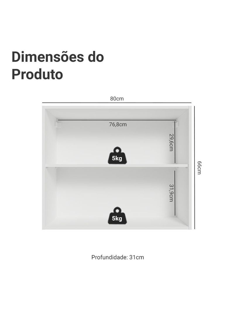 Armário aéreo 80 cm 2 portas branco vik madesa