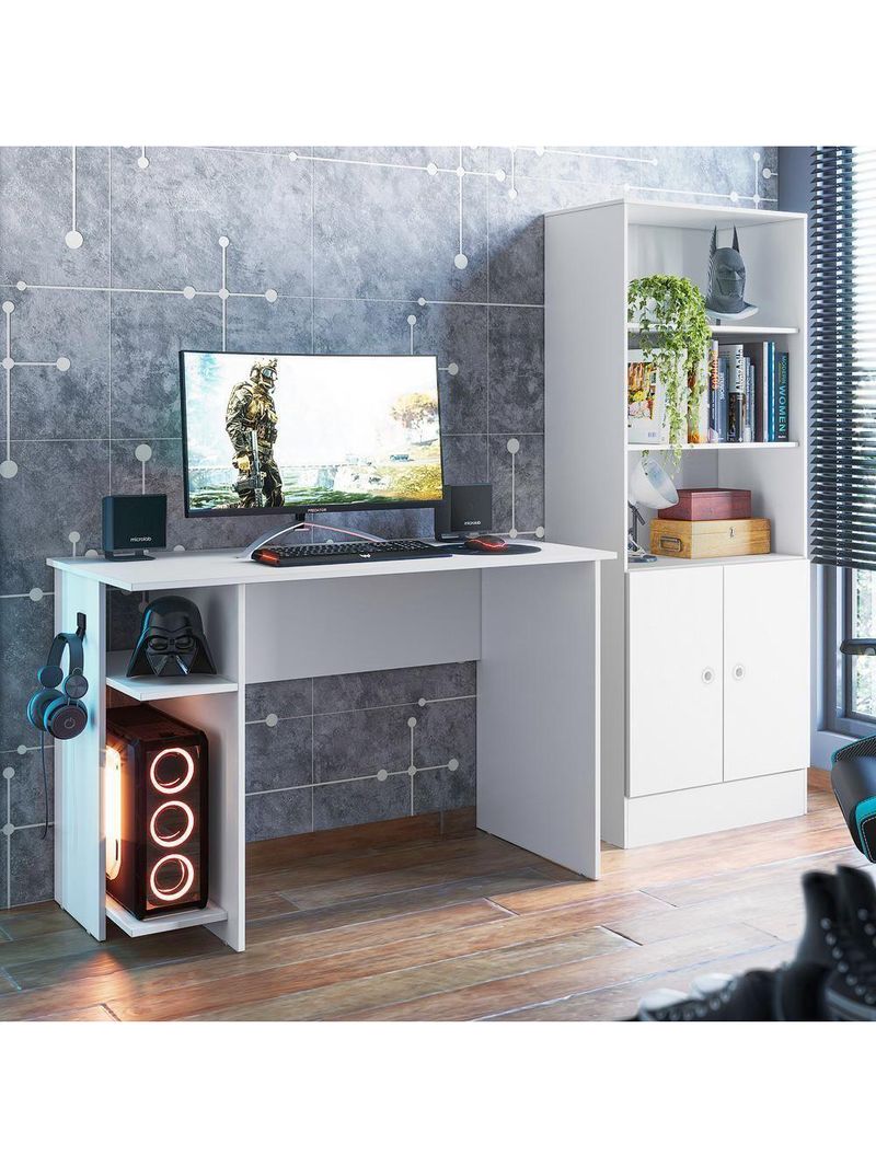 Mesa P/ Escritório E Gamer Branco/branco (38755) + Armario Gamer Branco/branco (40955)