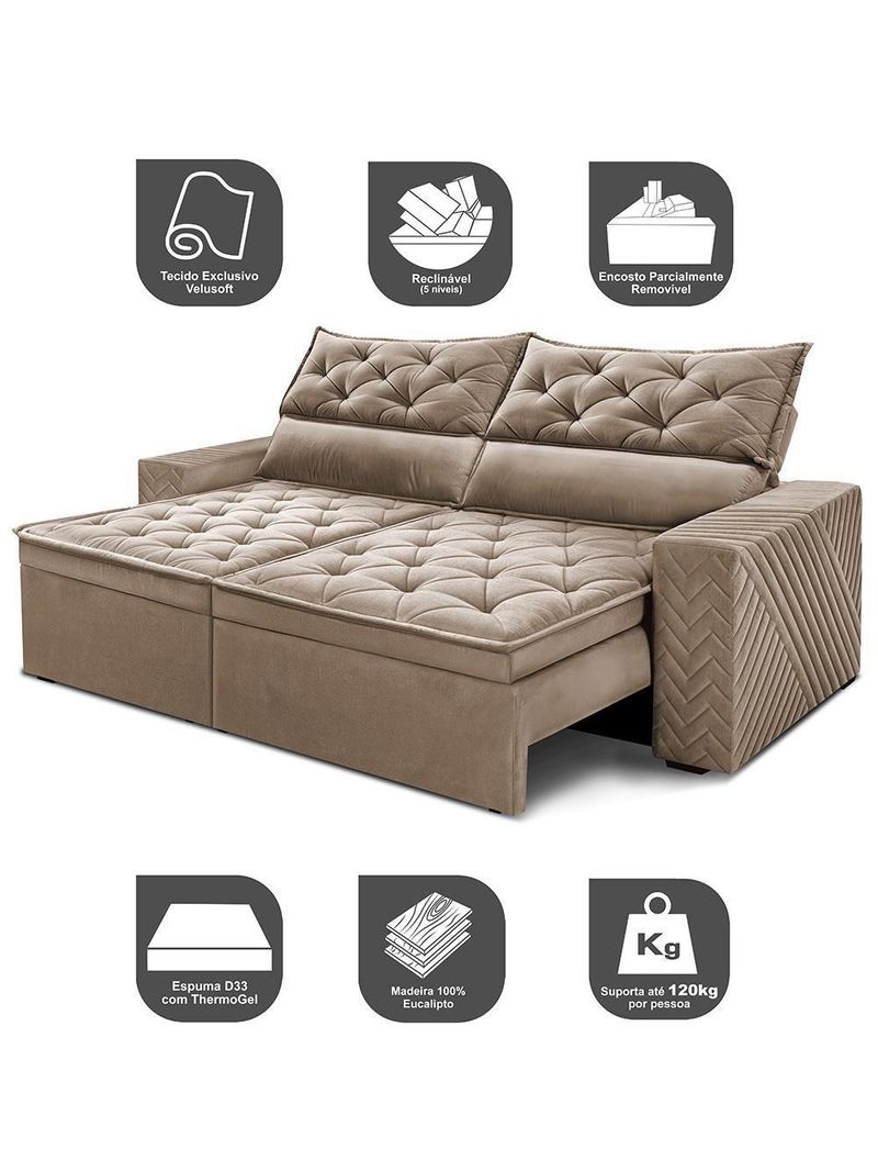 Sofá Retrátil E Reclinável 2,30m Essence Velusoft Bege Cama Inbox