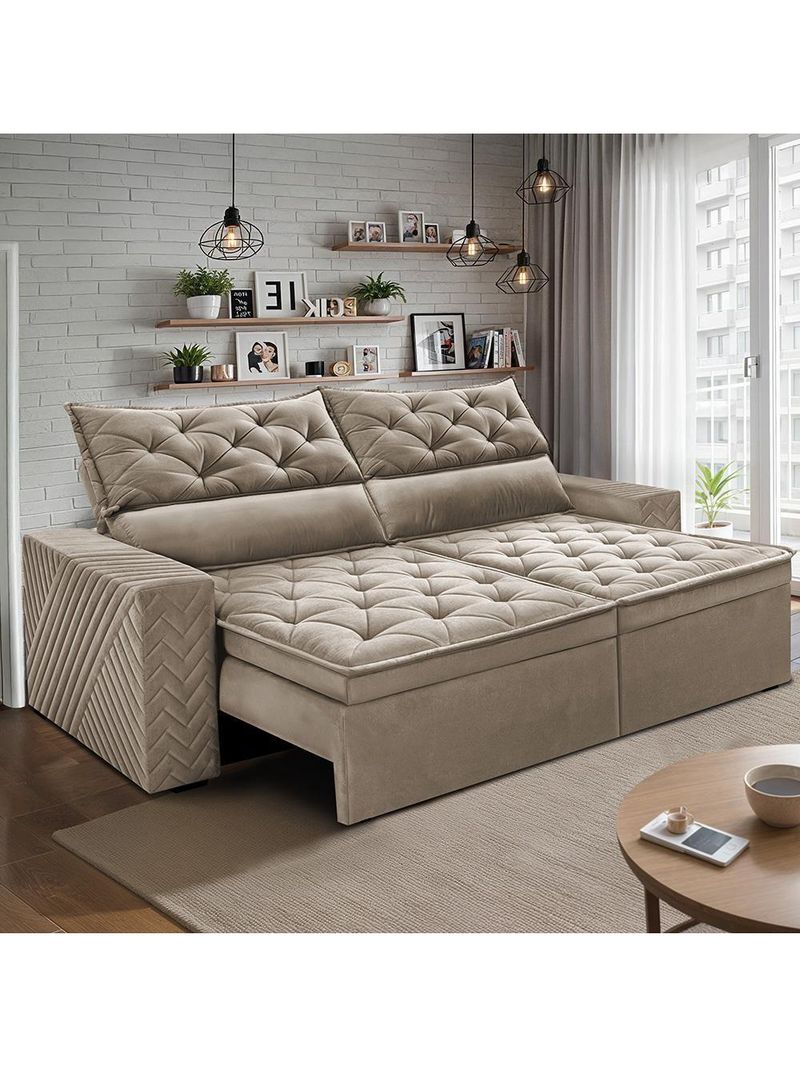 Sofá Retrátil E Reclinável 2,30m Essence Velusoft Bege Cama Inbox