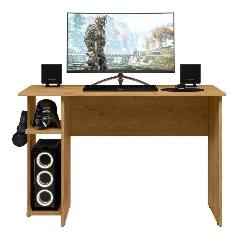 Mesa Home Office Gamer Shadow Freijó Com Prateleira E Suporte Para Cpu E Fone