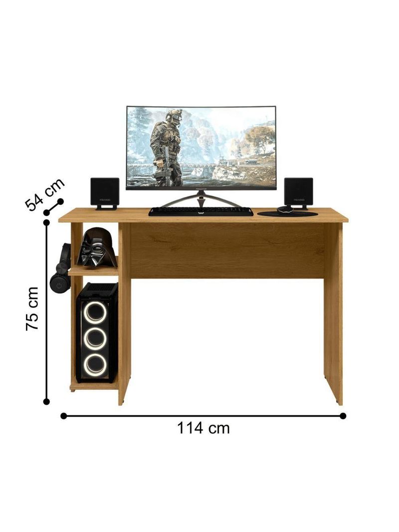 Mesa Home Office Gamer Shadow Freijó Com Prateleira E Suporte Para Cpu E Fone