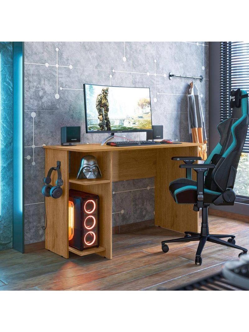 Mesa Home Office Gamer Shadow Freijó Com Prateleira E Suporte Para Cpu E Fone