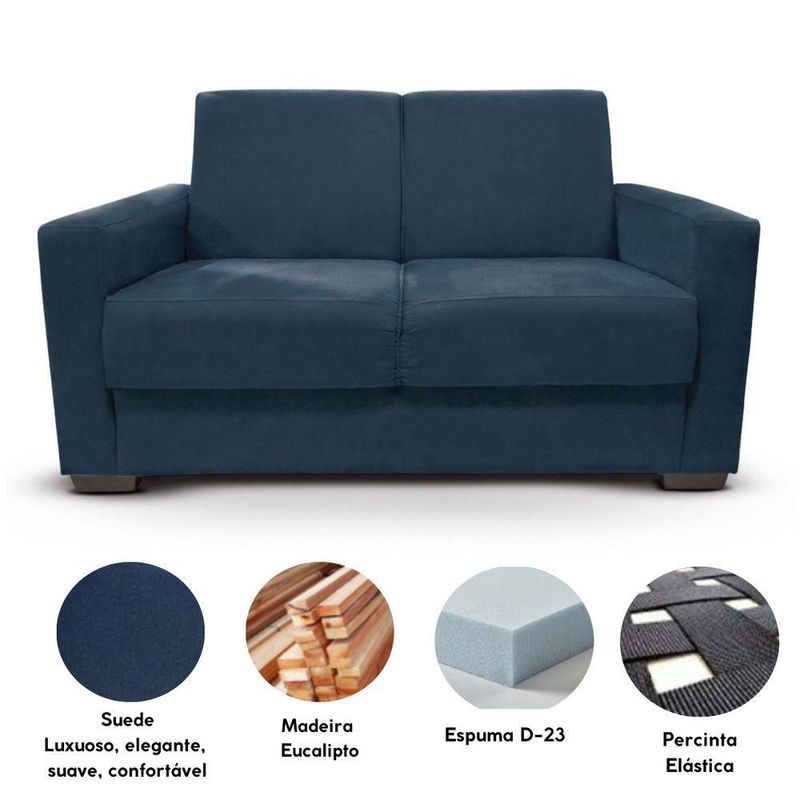 Sofá Estofado 2 Lugares Sala Estar Recepção Gabriela Suede Azul Marinho