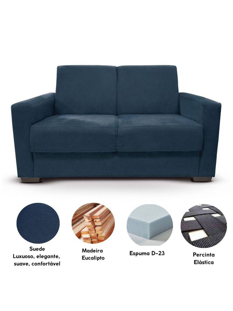 Sofá Estofado 2 Lugares Sala Estar Recepção Mariana Suede Azul Marinho