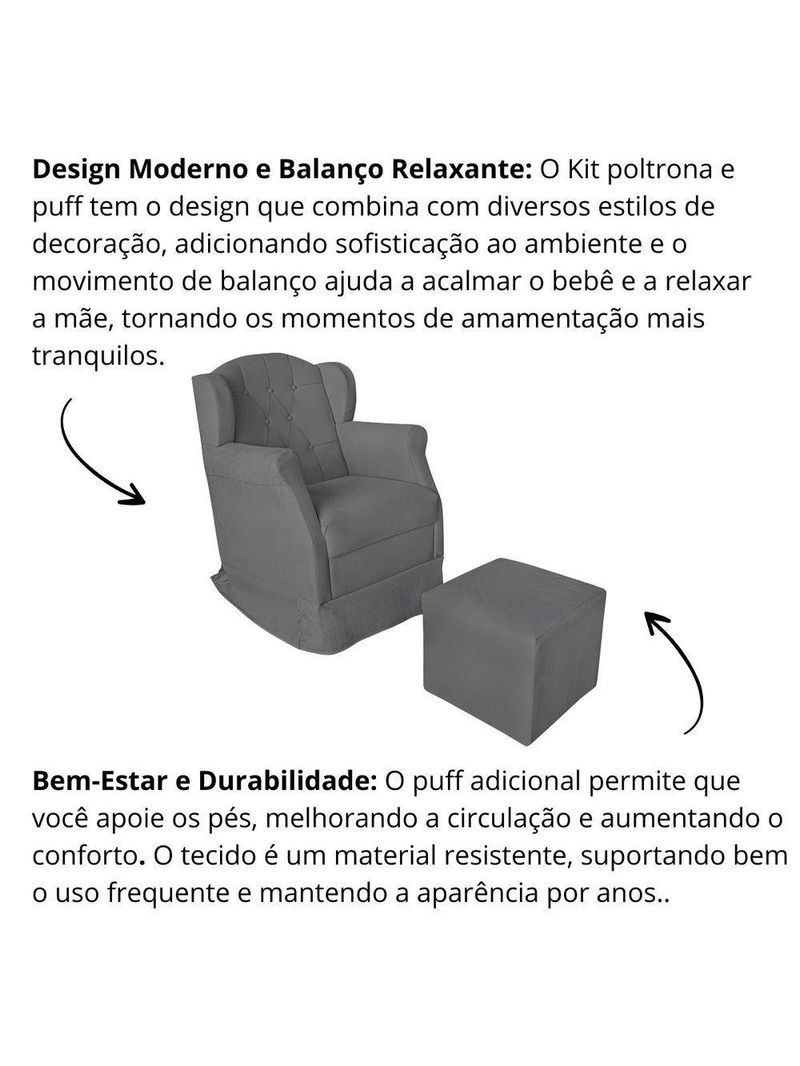 Poltrona Decorativa Amamentação Balanço E Puff Bebê Suede Cinza