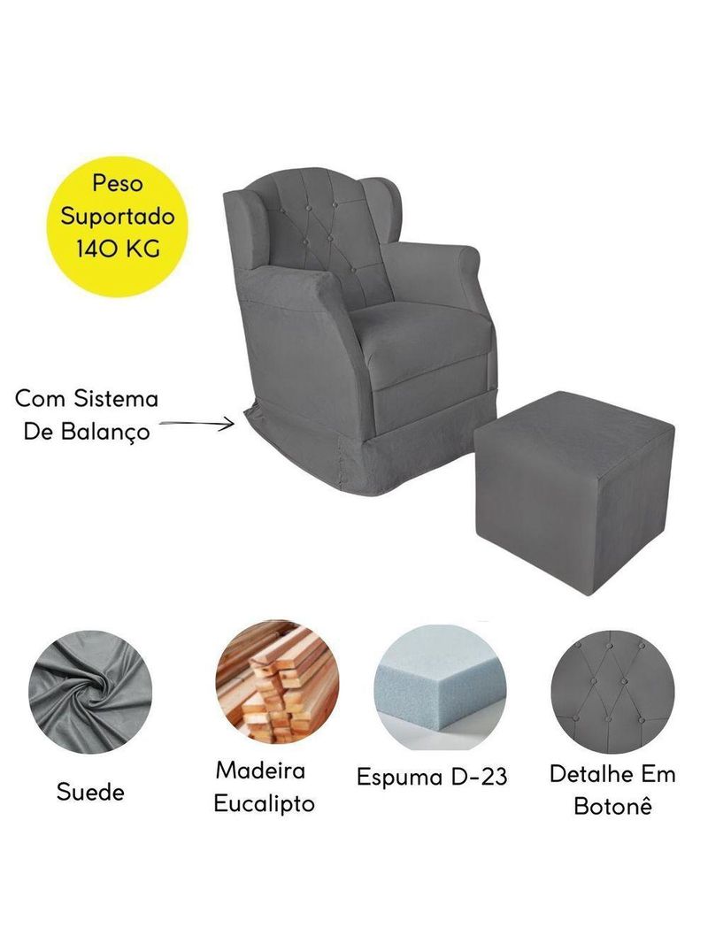 Poltrona Decorativa Amamentação Balanço E Puff Bebê Suede Cinza