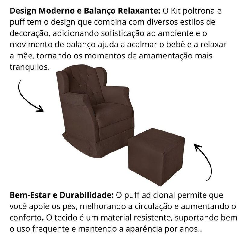 Poltrona Decorativa Amamentação Balanço E Puff Bebê Suede Marrom
