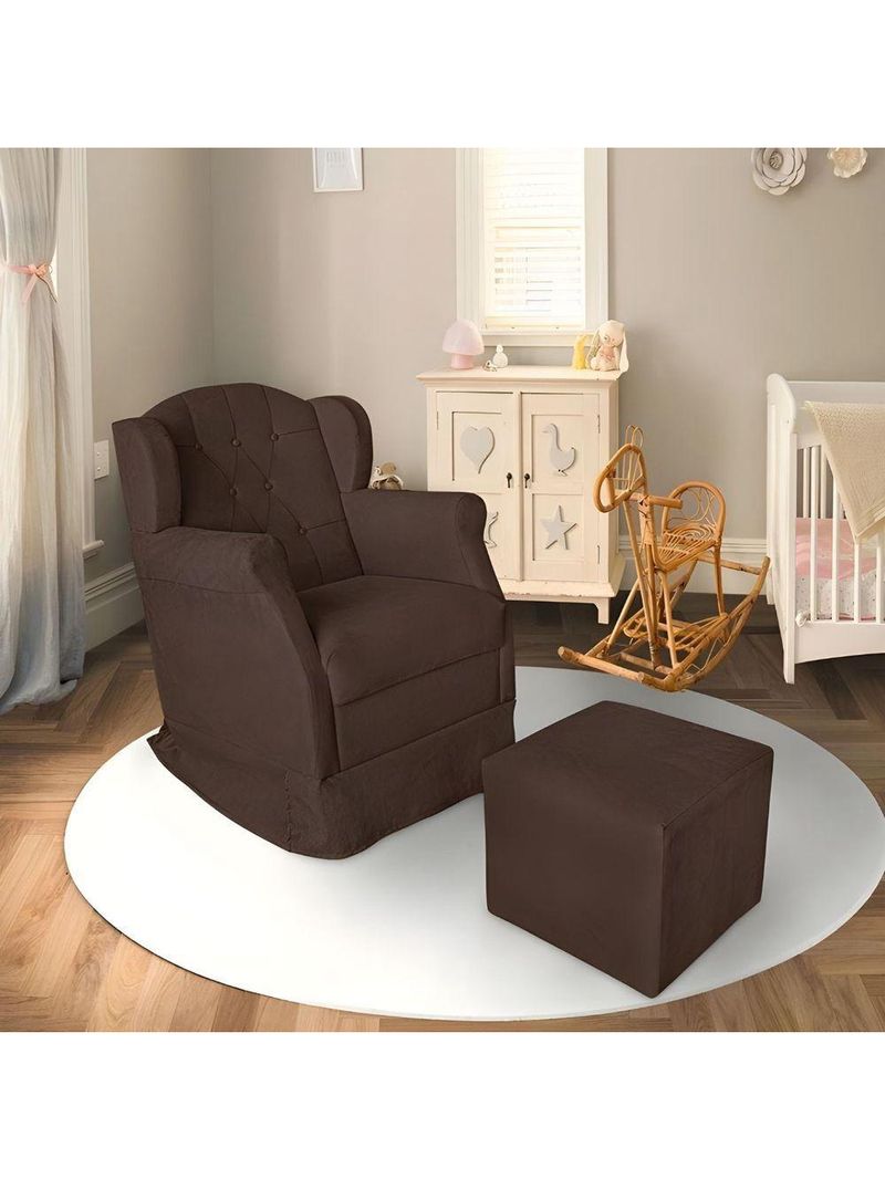 Poltrona Decorativa Amamentação Balanço E Puff Bebê Suede Marrom