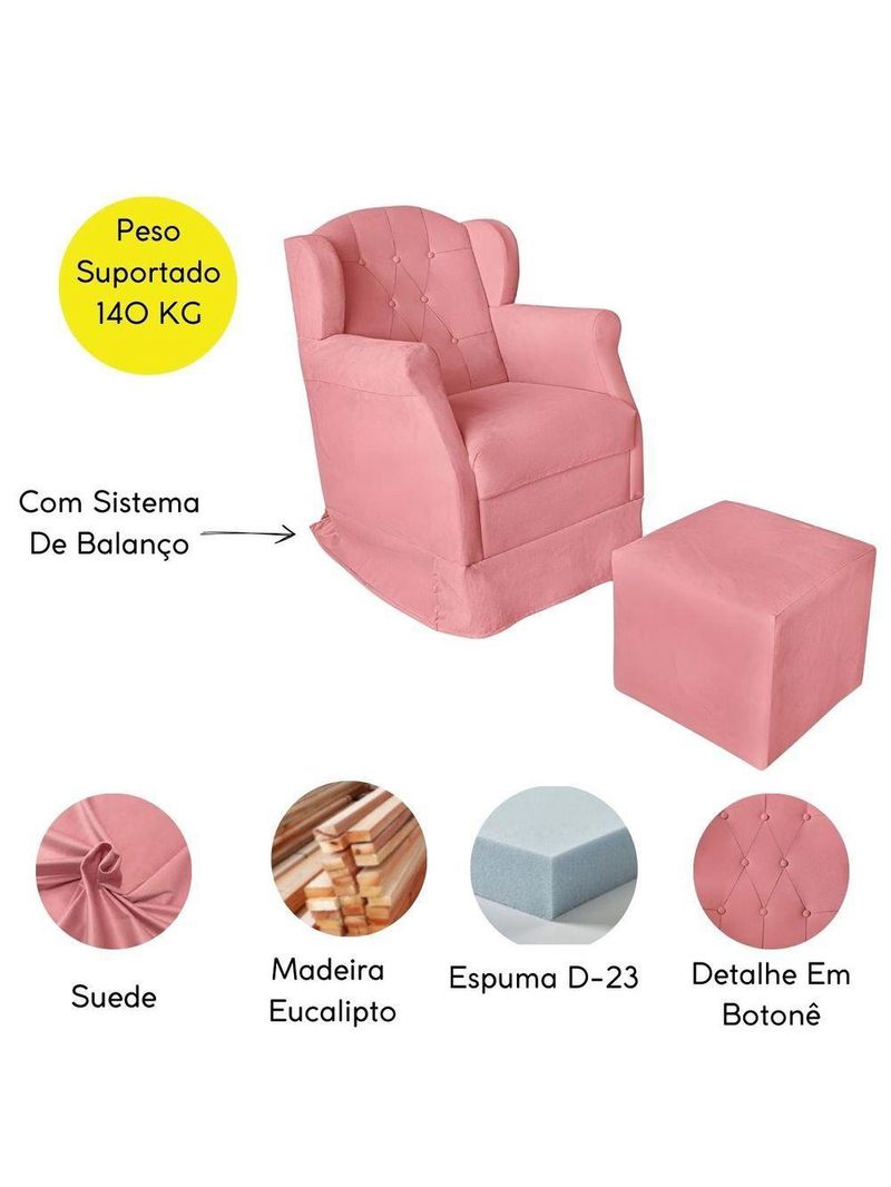 Poltrona Decorativa Amamentação Balanço E Puff Bebê Suede Rosê