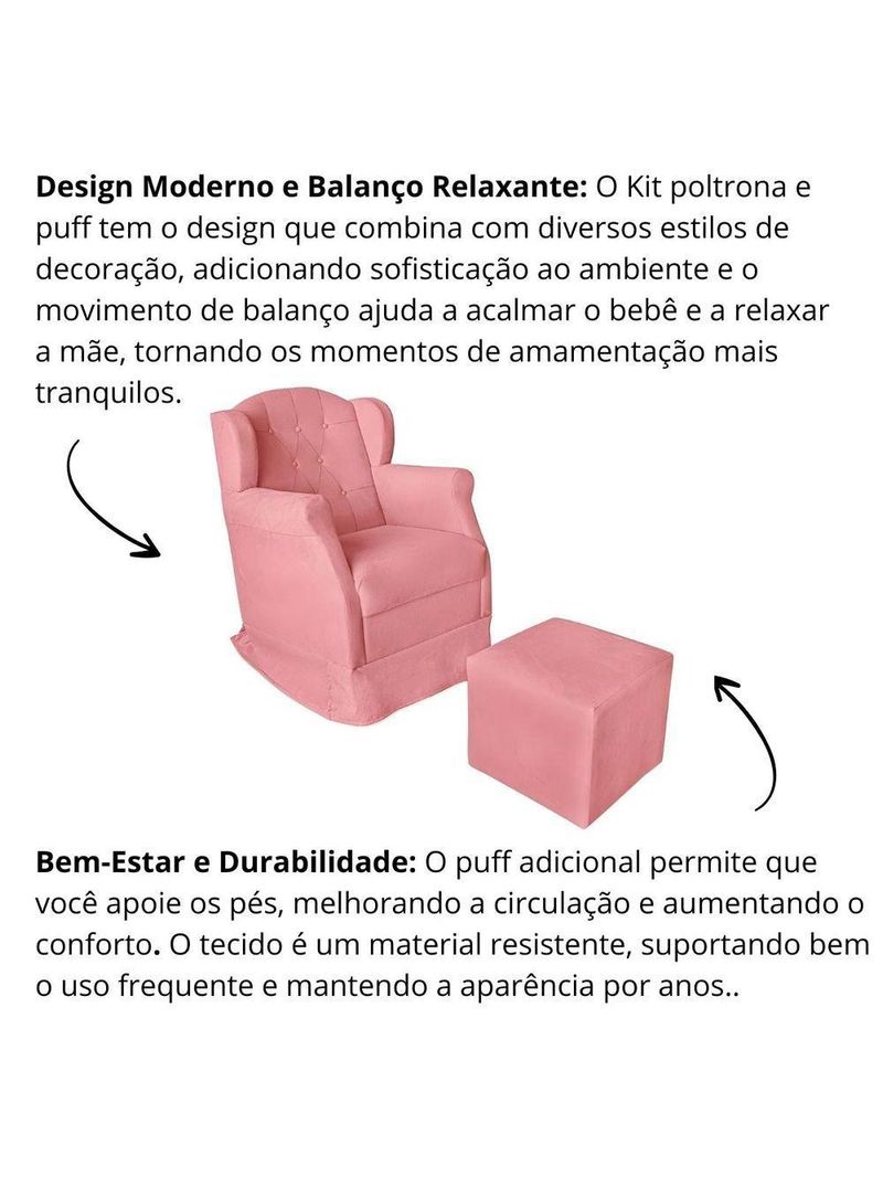 Poltrona Decorativa Amamentação Balanço E Puff Bebê Suede Rosê