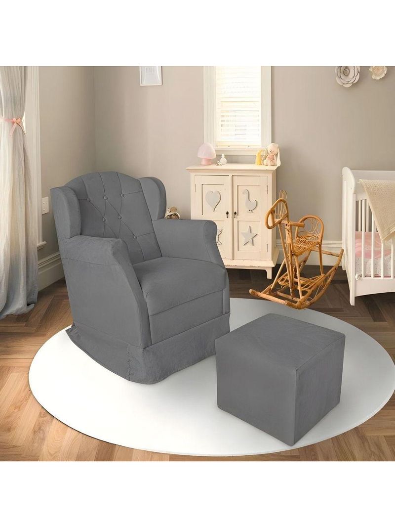 Poltrona Decorativa Amamentação Balanço E Puff Bebê Suede Cinza