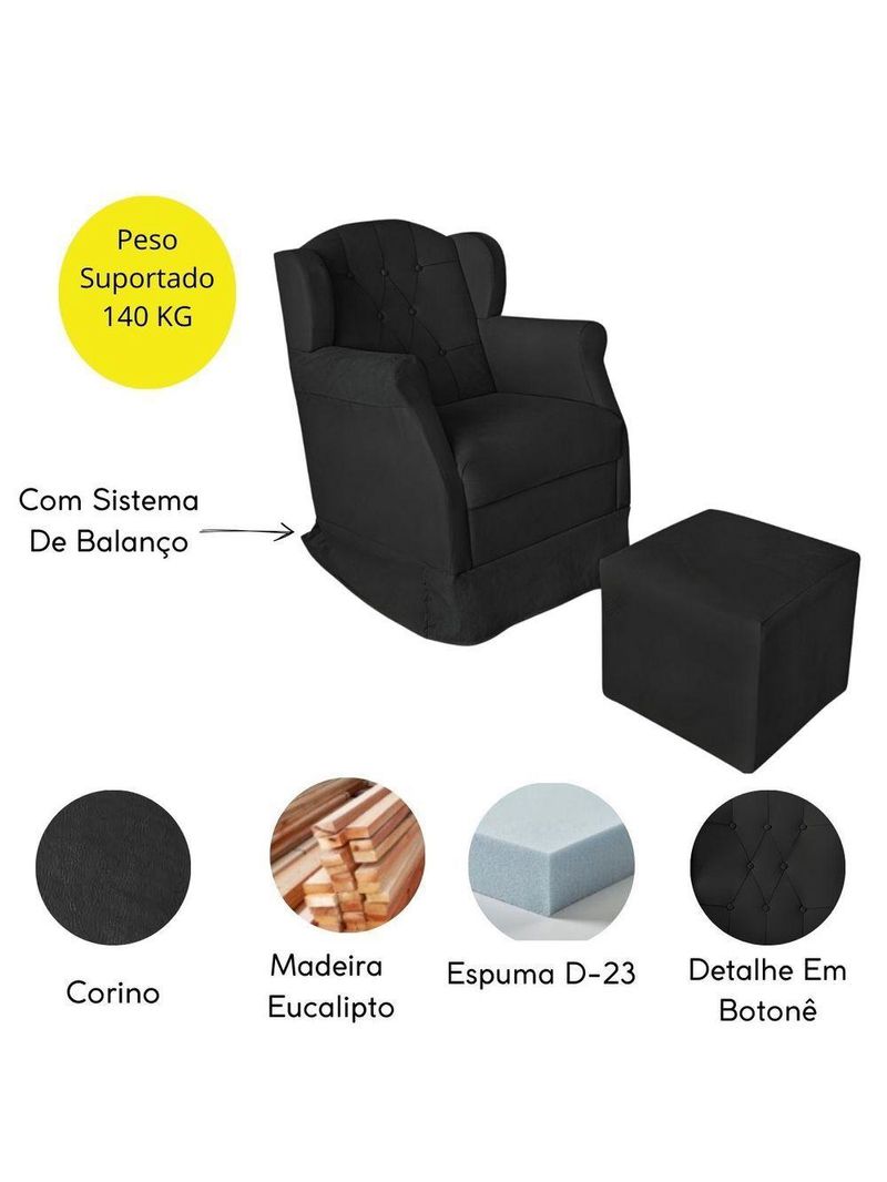 Poltrona Decorativa Amamentação Balanço Puff Bebê Corino Preto