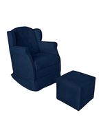 Poltrona Decorativa Amamentação Balanço E Puff Bebê Suede Azul Marinho