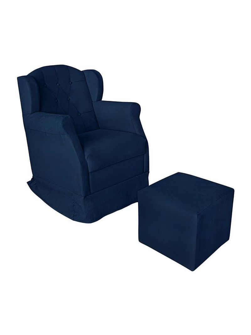 Poltrona Decorativa Amamentação Balanço E Puff Bebê Suede Azul Marinho