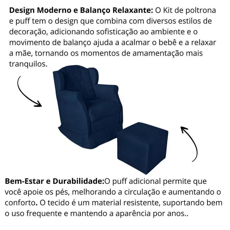 Poltrona Decorativa Amamentação Balanço E Puff Bebê Suede Azul Marinho