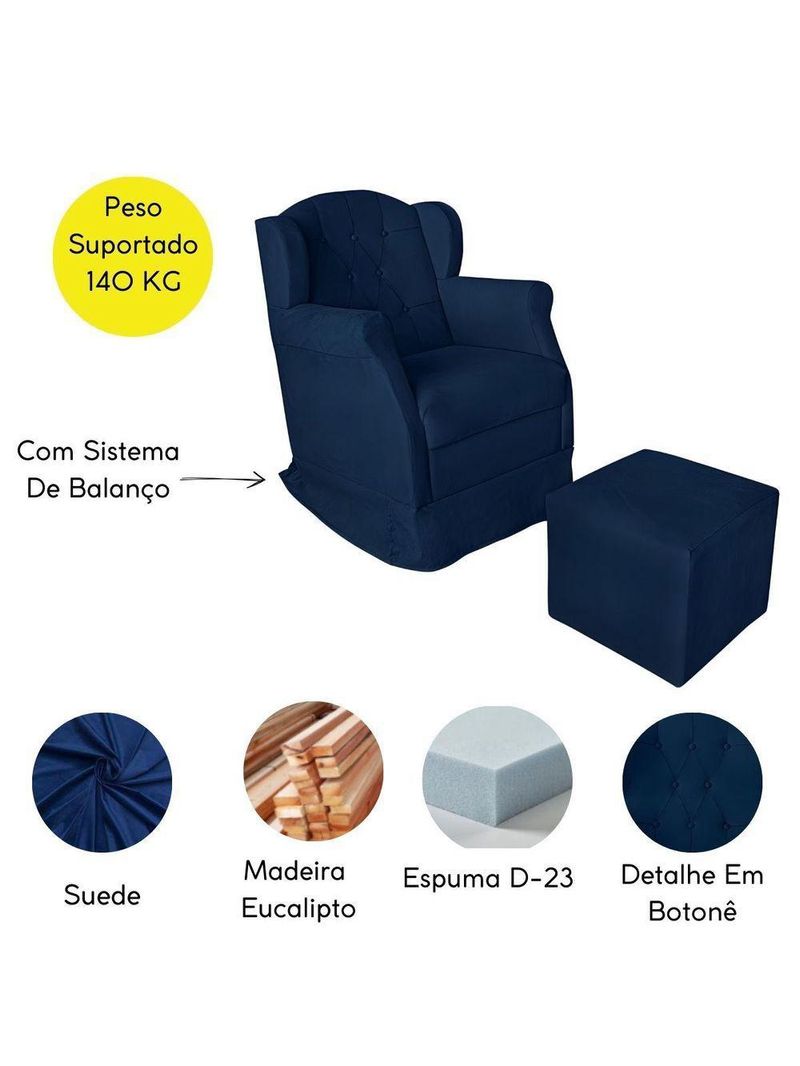 Poltrona Decorativa Amamentação Balanço E Puff Bebê Suede Azul Marinho